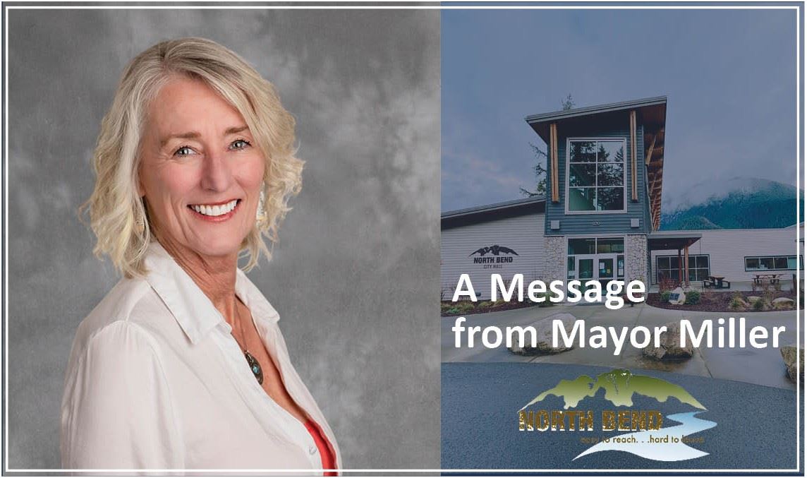 A person, a building and text describing a message from a mayor