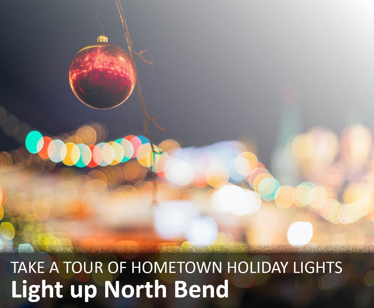 Holiday lights and ornaments with text describing a tour