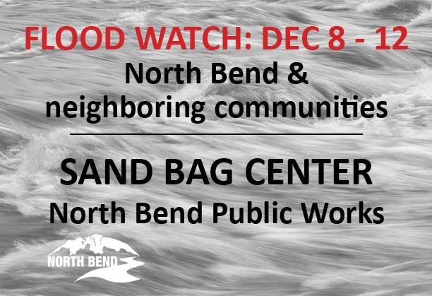 Waters and text describing a flood watch and sandbag center