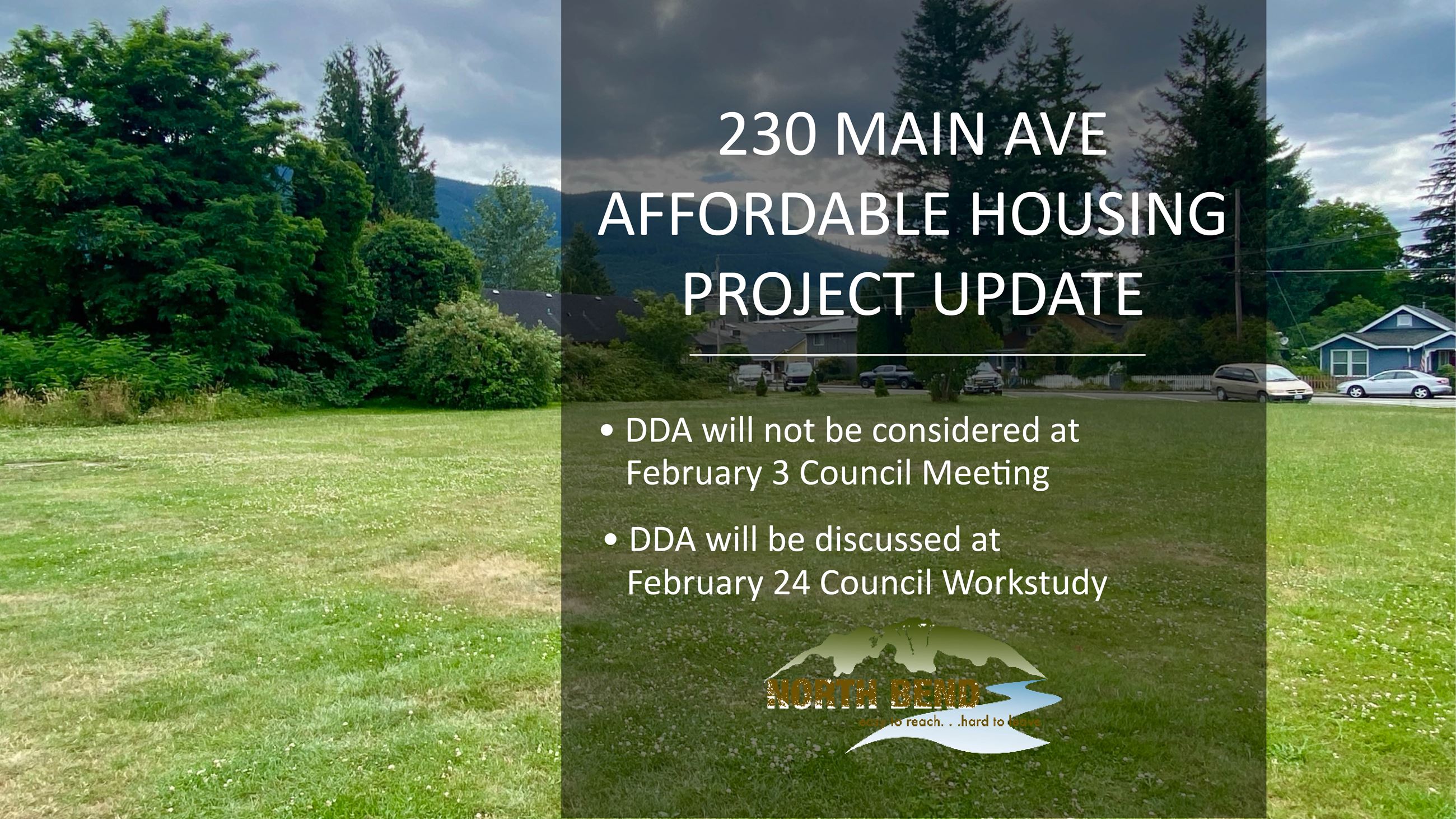 A grassy property with text describing an address and a project